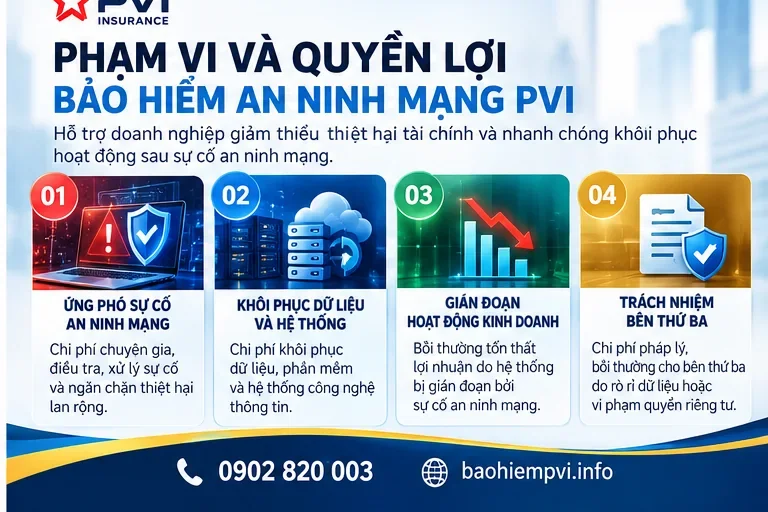 Quyền lợi bảo hiểm an ninh mạng PVI gồm ứng phó sự cố, khôi phục dữ liệu, gián đoạn kinh doanh và trách nhiệm bên thứ ba